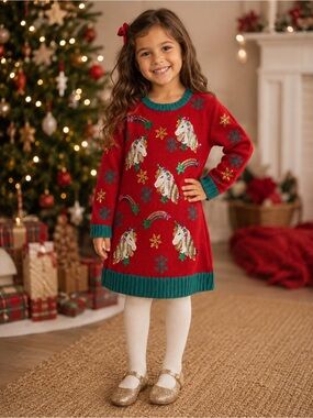 62. Margaux & Lexi • NWT Girls Red Unicorn Holiday Sweater Dress